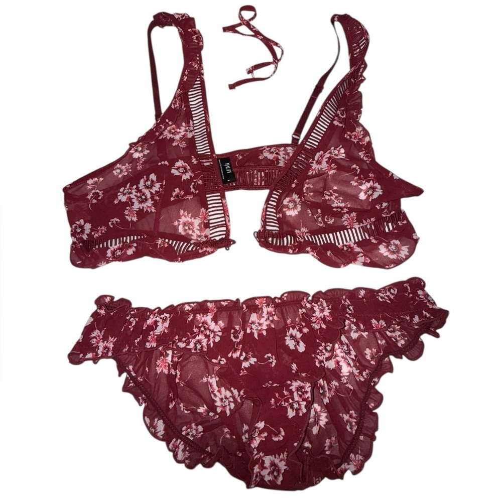HAUTY Printed Chiffon Burgundy Red & White Floral Bralette Set Medium - Picture 2 of 7